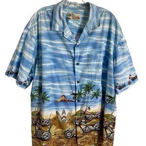 DJ HAWAII Fun MOTORCYCLES and SURF BOARDS Beach Print HAWAIIAN Biker SHIRT 3X